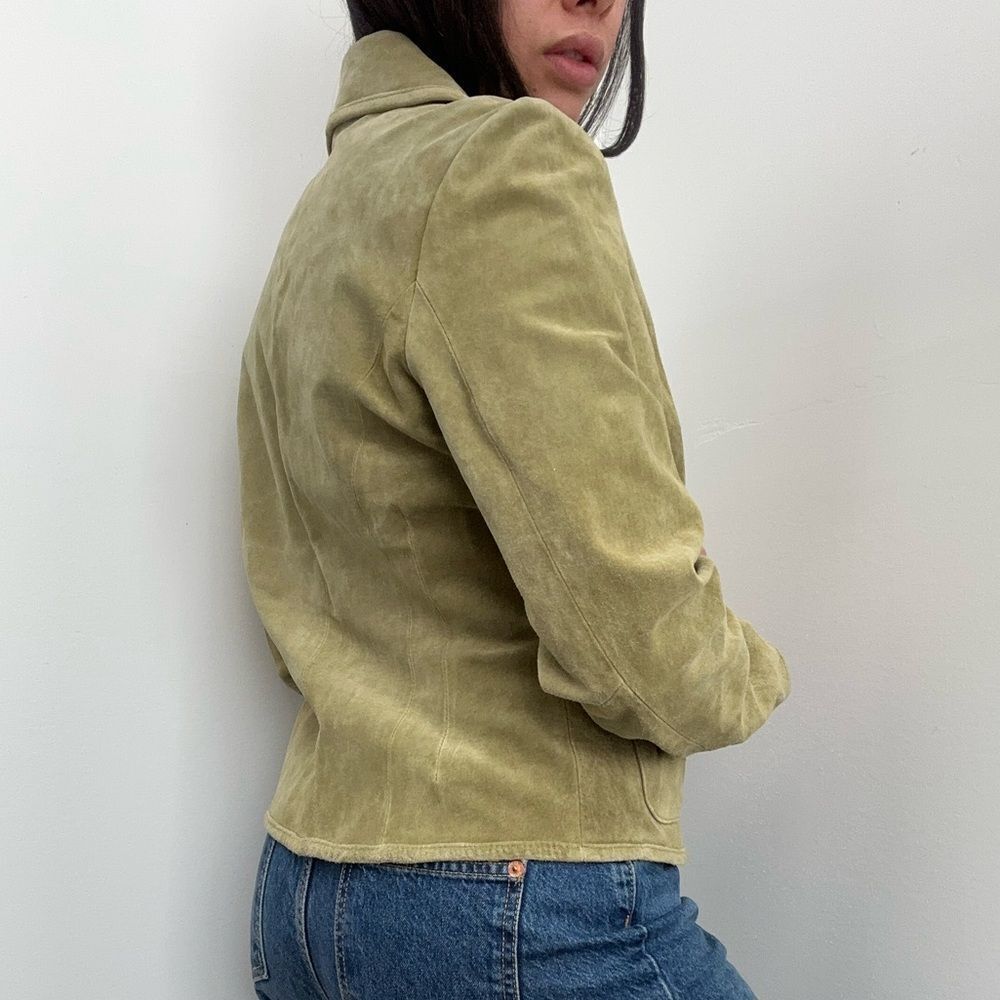 Vintage Live A Little Y2K Chartreuse Green Suede Leather Blazer Jacket Size M - Picture 3 of 9